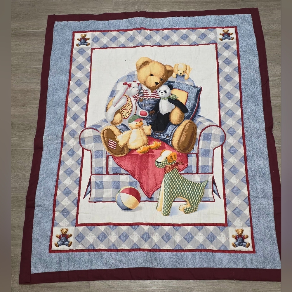Vintage 90's Handmade Blue Jean Teddy & Friends Baby Quilt - Lap Blanket 35 X 44